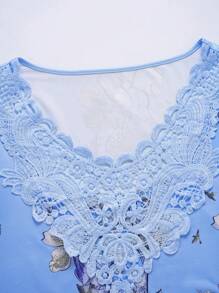 Women Lace Patchwork Floral Print Short Sleeve T-Shirt - Baby Blue - View 6