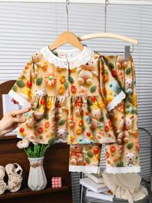 2 pezzi/set Completo pigiama estivo per ragazze, maglietta a maniche corte e pantaloni 3/4 in jersey stampa 3D, casual, morbido, adatto all'aria condizionata domestica, di moda