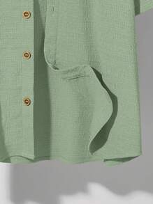 SHEIN 青少年男孩纯色单排扣短袖纹理休闲衬衫，夏季休闲学校/日常/旅行/海滩时尚柔软舒适 - 薄荷綠 - 查看 9