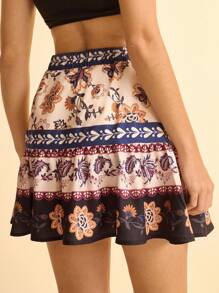 CAJUNI Váy ngắn đi biển mùa hè họa tiết hoa nhiệt đới Boho cho nữ cạp chun viền nhún - Nhiều màu - Xem 2