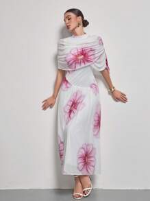 Modelyn 女式长款花卉印花网眼裹身修身针织优雅浪漫度假连衣裙，春夏 - 白色 - 查看 1