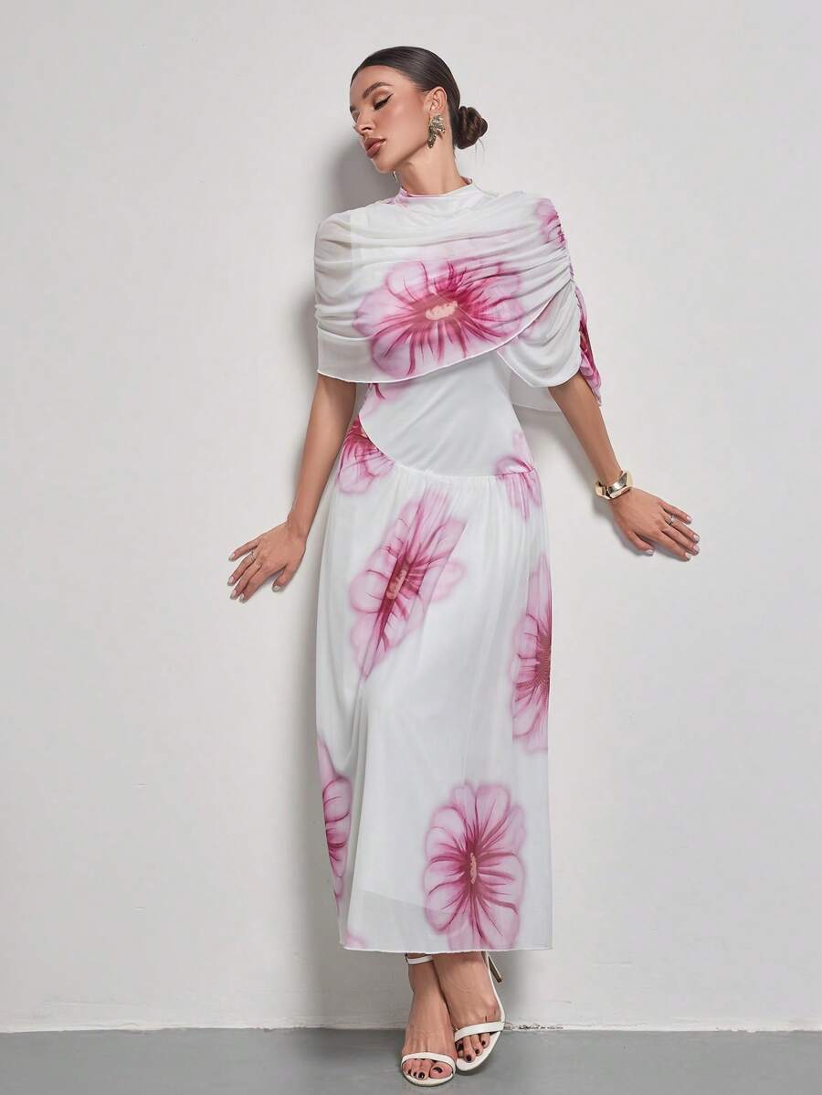 Modelyn 女式长款花卉印花网眼裹身修身针织优雅浪漫度假连衣裙,春夏 - 白色 - 查看 1
