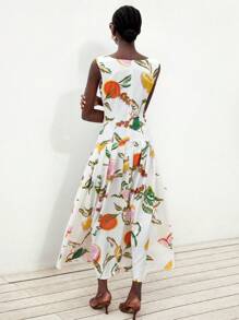 Aveloria Modichic 优雅淑女风无袖收腰低腰褶皱荷叶边下摆水果花卉印花连衣裙，适合通勤