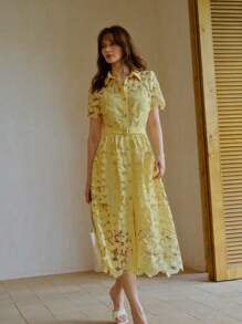 MOTF STUDIO VESTIDO MIDI CINTURADO CON HEBILLA DE ENCAJE GUIPURE