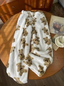 SHEIN EZwear بنطلون مستقيم ذو خصر مشدود بطباعة الدبب المنفر للنساء