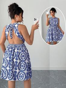 Elenzga Vacation Style Backless Tie Neck A-Line Dress - Multicolor - View 1