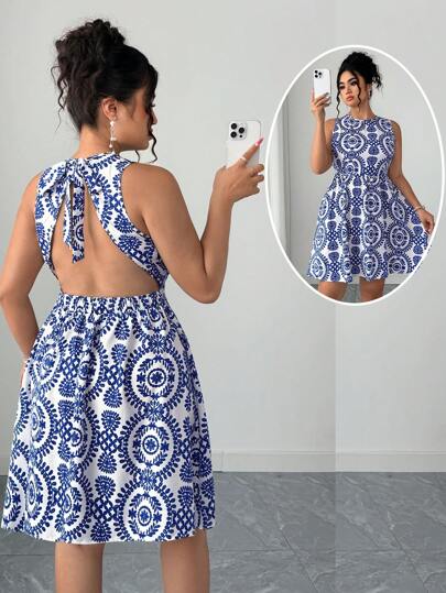 Elenzga Vestido estilo vacaciones con espalda descubierta, cuello anudado y silueta de línea A