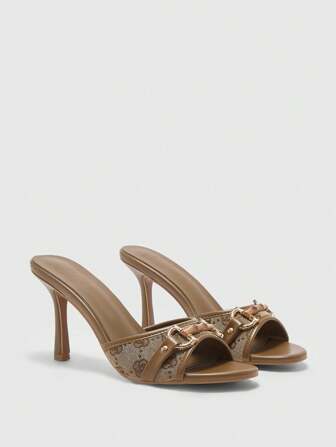 CUCCOO BIZCHIC Braune PU Leder Mule Sandalen mit goldfarbener Schnallen-Verzierung, runder Zehenpartie, Absatzhöhe 3,5 Zoll, Retro-Stil