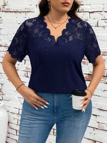SHEIN Clasi Plus Size Solid Color Camisole And Tank Top, Fashionable For Summer Lace - Navy Blue - View 5