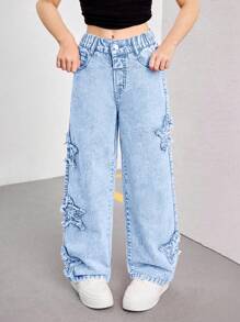 SHEIN Tween 女童 Y2K 粉色刺绣星星喇叭牛仔裤，时尚街头风格休闲百搭四季时尚女孩必备单品 - 淺色水洗藍 - 查看 4