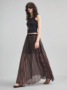 Ontre Falda larga de mujer de verano con rayas verticales contrastadas y transparente - Multicolor - Ver 6