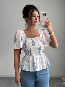 Elenzga Blusa ajustada con estampado floral elegante y volantes en el bajo, estilo casual de oficina/vacaciones romántico para el Día de la Independencia, la graduación y el regreso a la escuela