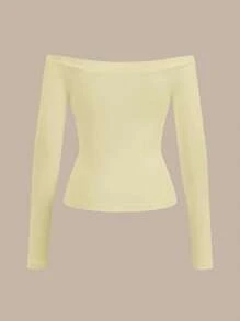 SHEIN BASICS Women Casual Solid Color Off Shoulder Long Sleeve Fitted Regular Top - Yellow - View 2