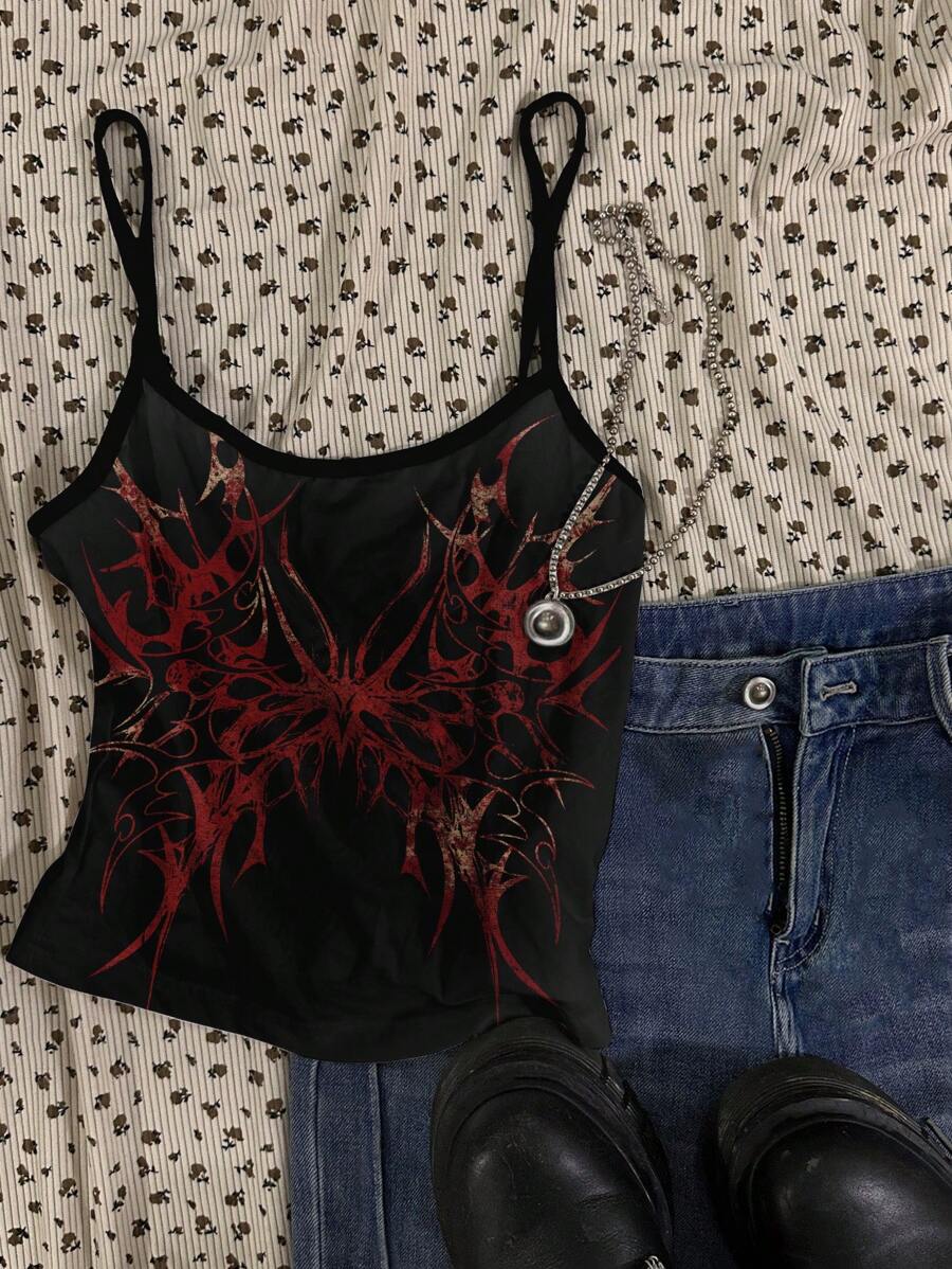 Attitoon Women's Casual Butterfly Wing Retro Punk Pattern Sexy Cami Top, Suitable For Summer Goth Top Punk Tops Goth Summer Y2k Tops Rock Concert Back To School - Multicolor - View 1