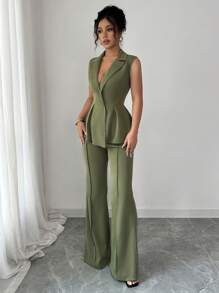 Elenzga Sleeveless Blazer Suit Set, Elegant Romantic Women's Slim Waist Business Suit