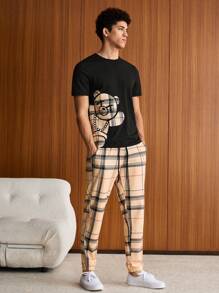 SWAVVY Hombres Camiseta con estampado de oso & Pantalones de cuadros de cintura con cordón