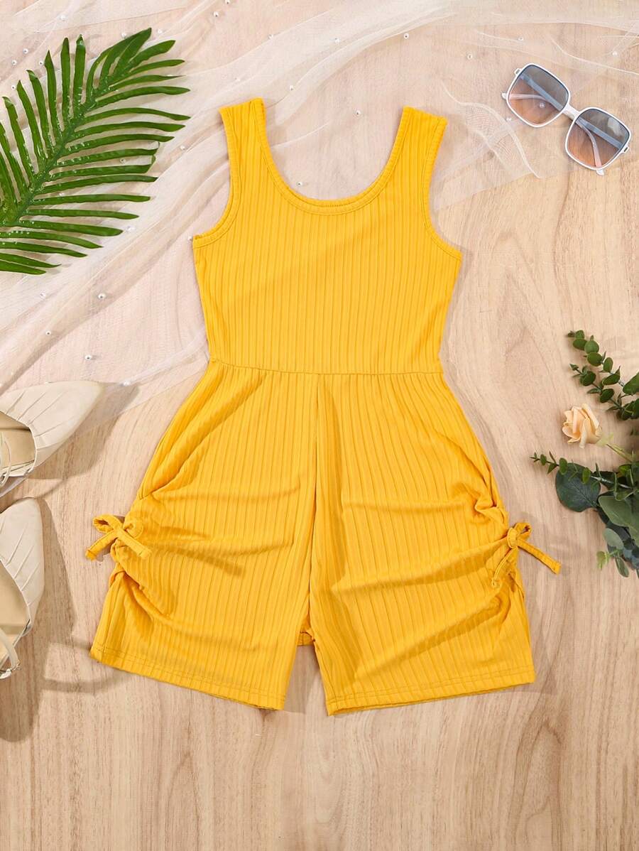 Tween Girls' Solid Color Fashion Spaghetti Strap Rompers, Suitable For Summer - Orange - View 1