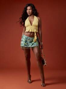 MISSGUIDED Top corto con cuello de halter y volantes, ideal para verano, festivales, playa, fiestas, eventos, baile, club y occasions formales como graduación - Amarillo - Ver 3