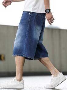 Manfinity Homme Pantaloncini di jeans larghi casual da uomo con tasche, gamba ampia, lunghezza 5 pollici