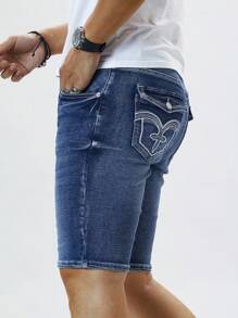 Manfinity Homme شورت جينز رجالي بقصة نحيفة مريحة ، صيفي - الأزرق - مشاهدة 3