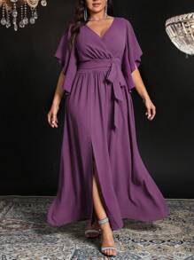 Auvina 大码女式纯色V领喇叭袖系带腰部褶饰开衩优雅派对长裙 - 淡紫色 - 查看 5