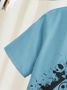 SHEIN 青少年男孩电子游戏图案印花短袖 T 恤和短裤两件套睡衣套装 - 藍色 - 查看 4