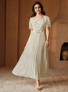 Anewsta Vestido elegante de mujer con mangas cortas, corte en A, parches de encaje y gasa - Beis - Ver 4