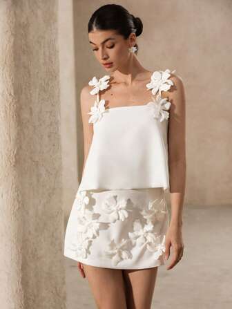 Aveloria Rosie White Handmade 3D Flower Decor Cami Top With Matching Asymmetric Short Skirt Set, Elegant & Versatile Outfit For Women
