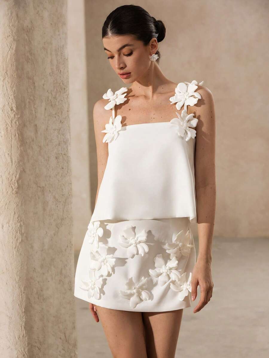 Aveloria Rosie White Handmade 3D Flower Decor Cami Top With Matching Asymmetric Short Skirt Set, Elegant & Versatile Outfit For Women - White - View 1