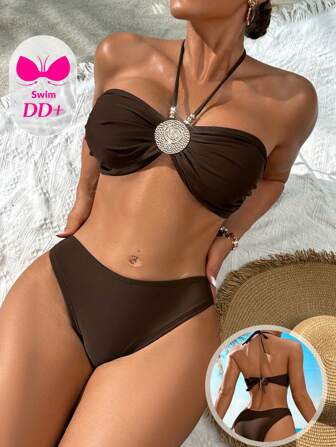 Swim DD+ Women's Solid Color Bikini Set, Suitable For Vacation And Beach For Summer
