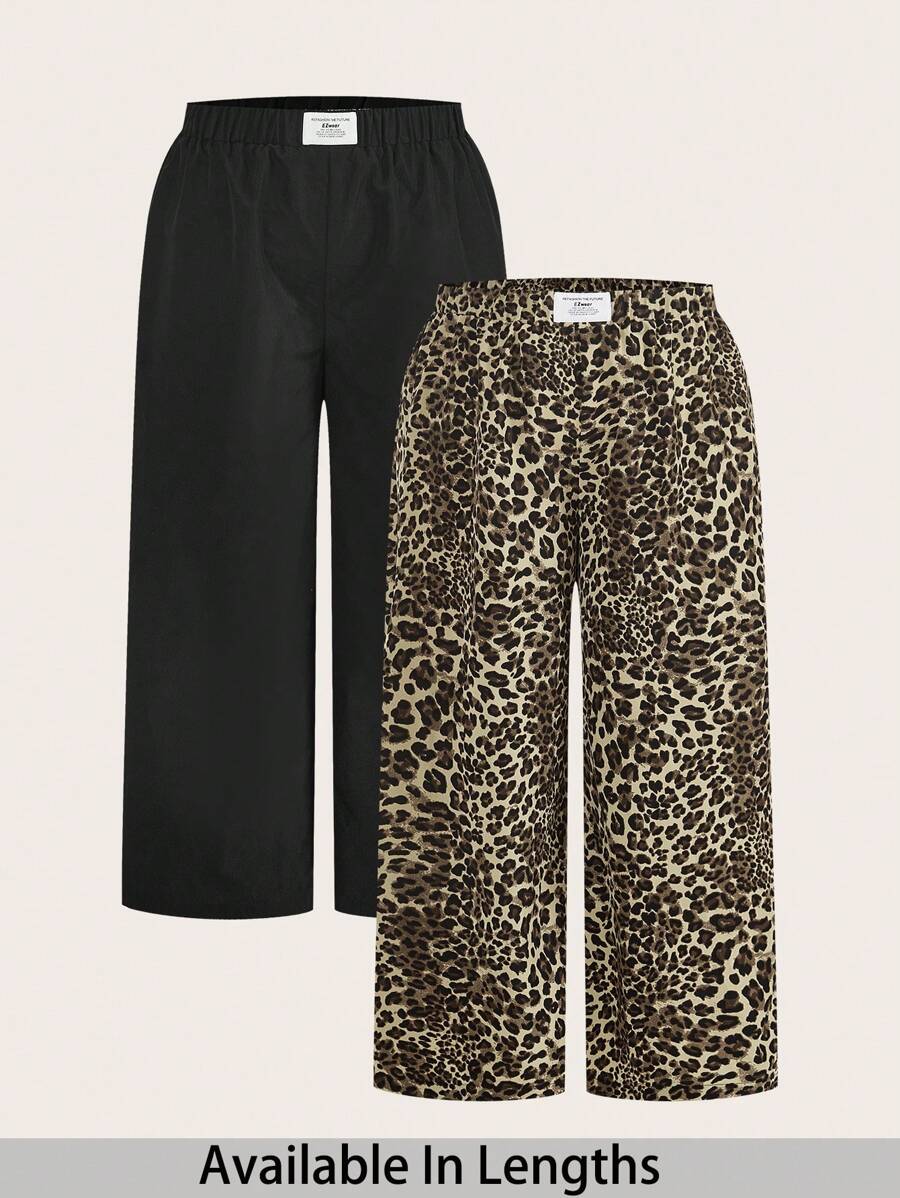 SHEIN PETITE CURVE 2 حزمة من بناطيل واسعة الساق للنساء جديدة باللون الأسود والطباعة الفهد في الصيف - متعدد الألوان - مشاهدة 1