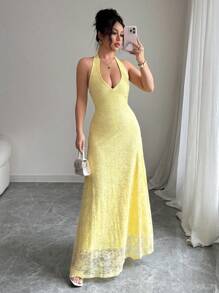 Rafferiza Elegant Bodycon Mock Neck Sleeveless Deep V Lining Full Lace Fabric Light Yellow Dress For Women, Spring/Summer - Light Yellow - View 5