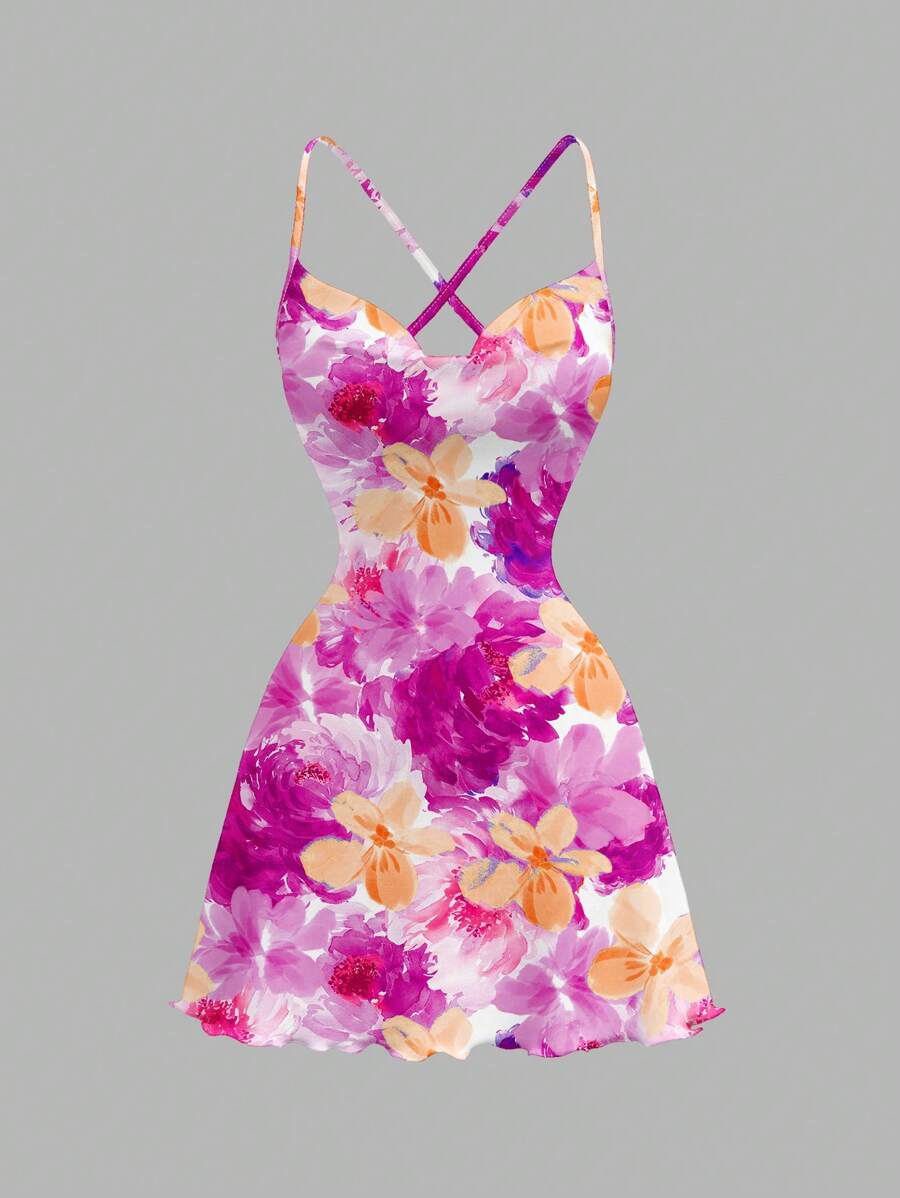 SHEIN MOD Váy ngắn cổ yếm in họa tiết hoa màu tím/hồng thanh lịch giản dị, thích hợp cho kỳ nghỉ hè - Nhiều màu - Xem 1