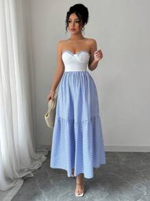 Elenzga Women's Elegant Romantic Sleeveless Patchwork A-Line Striped Dress