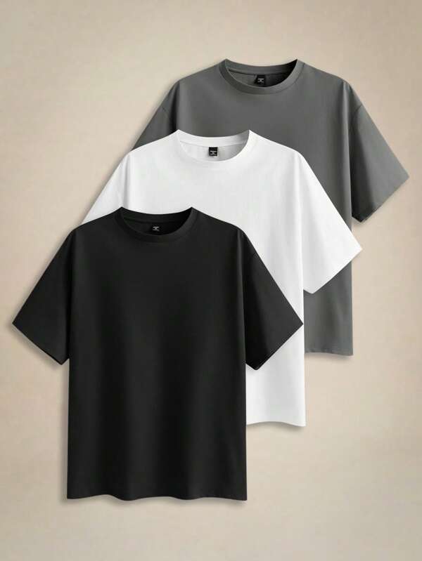 EASEVO 3pcs/Set Plus Size Men's Solid Color Fitted Crew Neck Short Sleeve T-Shirts Tees Suitable For Summer Daily Wear