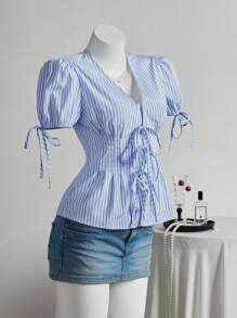 Elamini 女士夏季休闲通勤条纹纽扣衬衫 - 藍色 - 查看 5