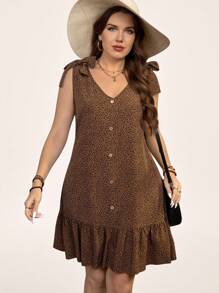 SHEIN LUNE Plus Size Summer Ruffle Hem Brown V-Neck Sleeveless Bow Decor Dresses Sundress, Vacation Style - Multicolor - View 5