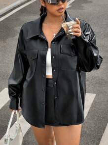 SHEIN EZwear Plus Size Black Minimalist PU Collar Shirt Jacket For Early Autumn Winter Fall - Black - View 5