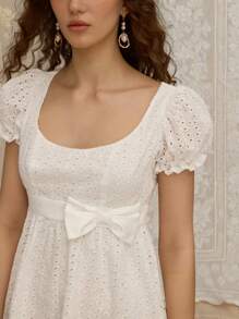 SHEIN MOD 女式白色泡泡袖蝴蝶结荷叶边娃娃裙，复古波西米亚风格 - 白色 - 查看 7