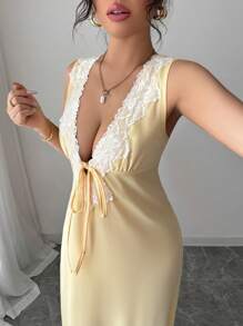 INAWLY 性感蕾丝拼布无袖连衣裙 - 黃色 - 查看 6