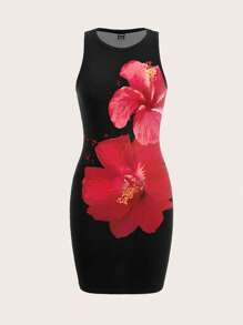 Muchica 休闲简约全身花卉印花圆领无袖中长款修身女式夏季迷你连衣裙