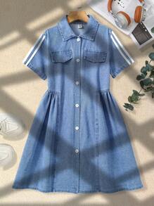 SHEIN Explorewe Tween女孩前扣拼接短袖口袋牛仔洋裝，淺藍色，秋季休閒校園開學牛仔裙 - 藍色 - 查看 8