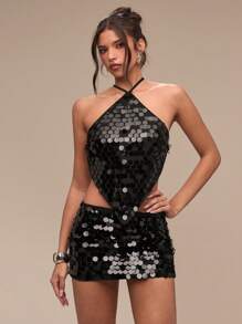 SHEIN BAE 女式性感露背亮片露背无袖短款上衣，夏季