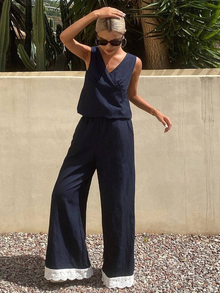 2pcs Women V-Neck Sleeveless Top And Wide Leg Pants Set, Casual Summer Vacation Resort Outfit