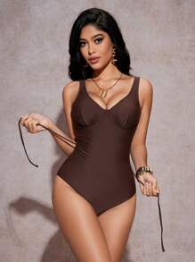 SHEIN Swim Women Solid Color Ruched Tankini Swimsuit With Underwire Support For Summer Beach Vacation