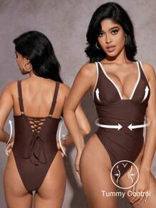 Shapewave Tummy Control Swimsuit V-Neck Ruffled With Crisscross Backstrap