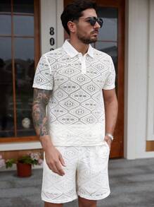 Manfinity Homme Men's Summer Hollow Out Design Polo Shirt And Shorts Set - Apricot - View 6