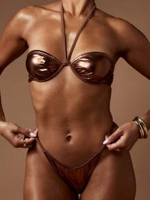 MISSGUIDED Top de bikini con cuello de halter y bandeaux con brillo metálico para playa, piscina, vacaciones, verano, natación, tomar el sol, actividades deportivas