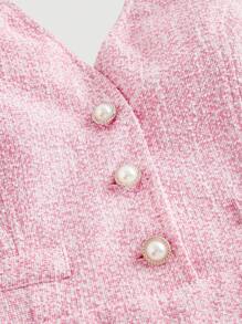 SHEIN MOD Tuta vintage da donna con scollo a V, color rosa antico, con bottoni di perle decorativi - Stile dei soldi vecchi
