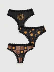 ROMWE Goth 3件套深色哥特式太阳月亮星星图案蕾丝边内裤